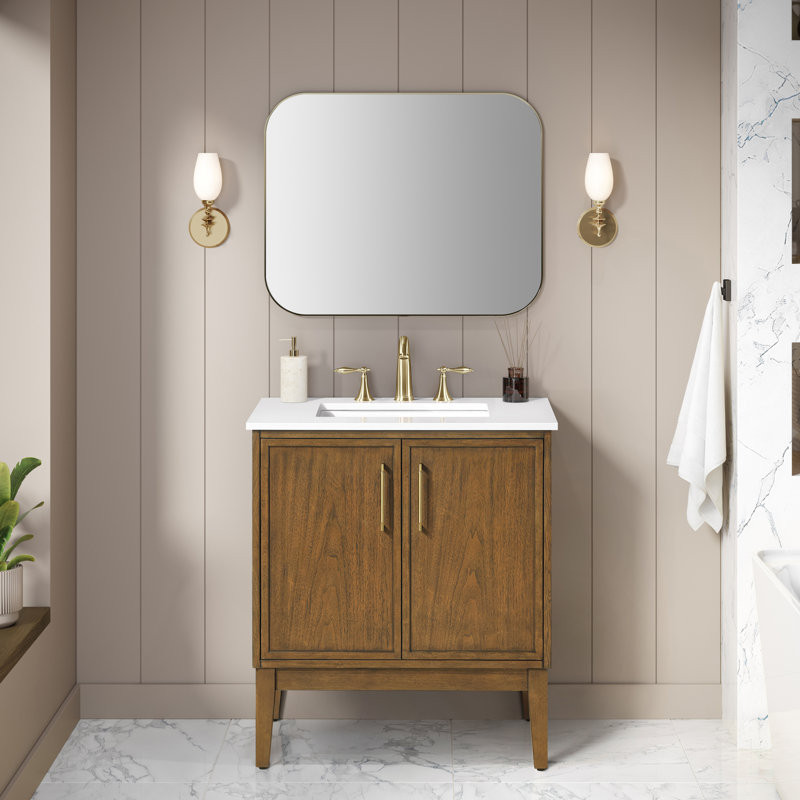 OVE Decors Kira Meuble-lavabo simple autoportant en noyer chaud avec comptoir en pierre d'ingénierie blanche et quincaillerie or brossé