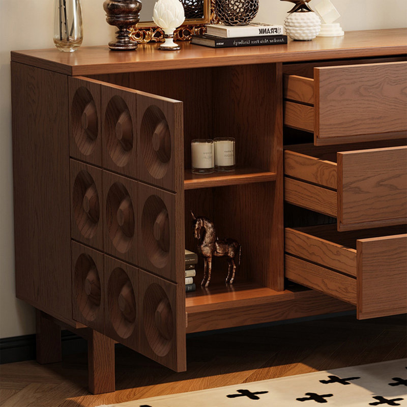 Walnut Mid-Century Solid Wood Embossed Drawe Accent Cabinet