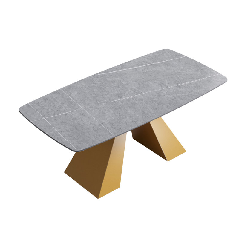 Ashni Rectangular ,Kitchen table,Pedestal dining table with pure natural material, 29.53"H x 70.87"L x 35.43"W, Gray, Golden