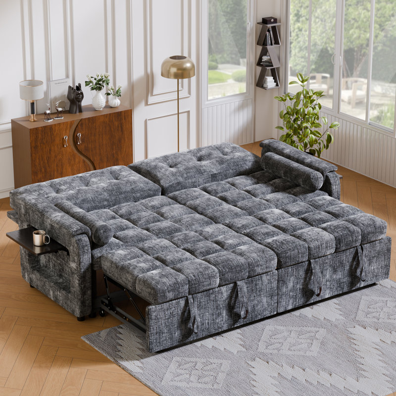 86.61" Pull-Out Sleeper Sofa with Fold-Down Backrest, Convertible Fabric Sofa Bed with Tufted Cushions,  Easy Assembly, Gray