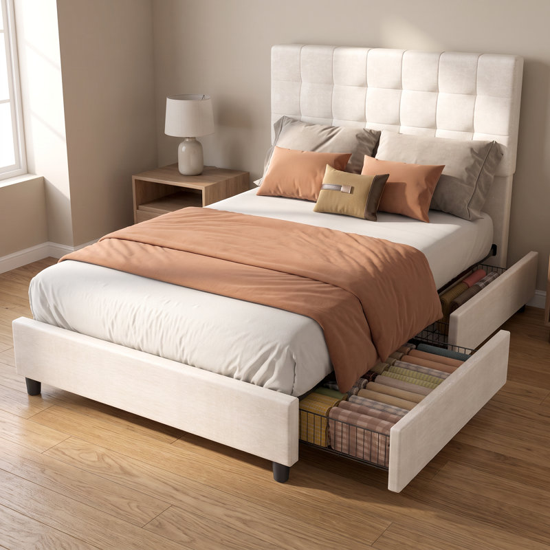 Structure de lit double avec 4 tiroirs de rangement et tête de lit tapissier, lit plateforme capitonné à canal vertical avec 12 lattes en bois - capacité de 800 lb, aucun sommier nécessaire