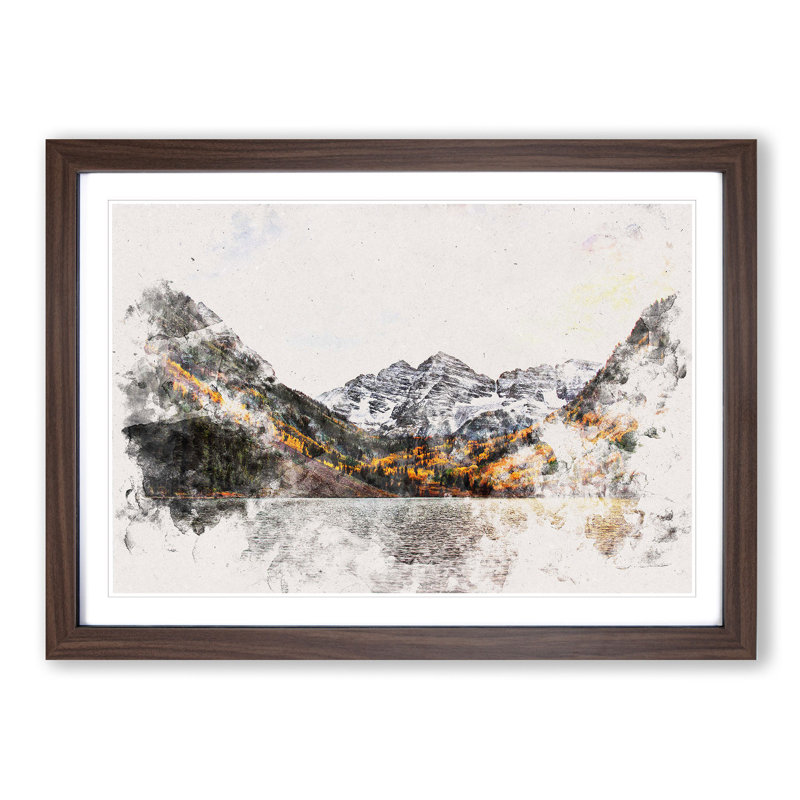 Maroon Bells Mountains in Colorado Watercolour - Picture Frame Graphic Art Print, 45cm H x 63cm W x 2cm D, Walnut Framed