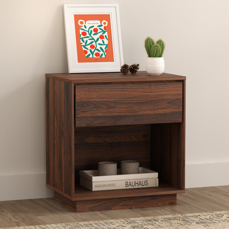 Nightstand, Wood End Side Table With Storage And Open Shelf, Individual, Brown