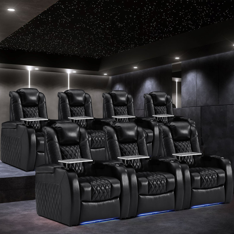 Ensemble de 7 sièges de cinéma en cuir avec porte-gobelet en cuir, Noir