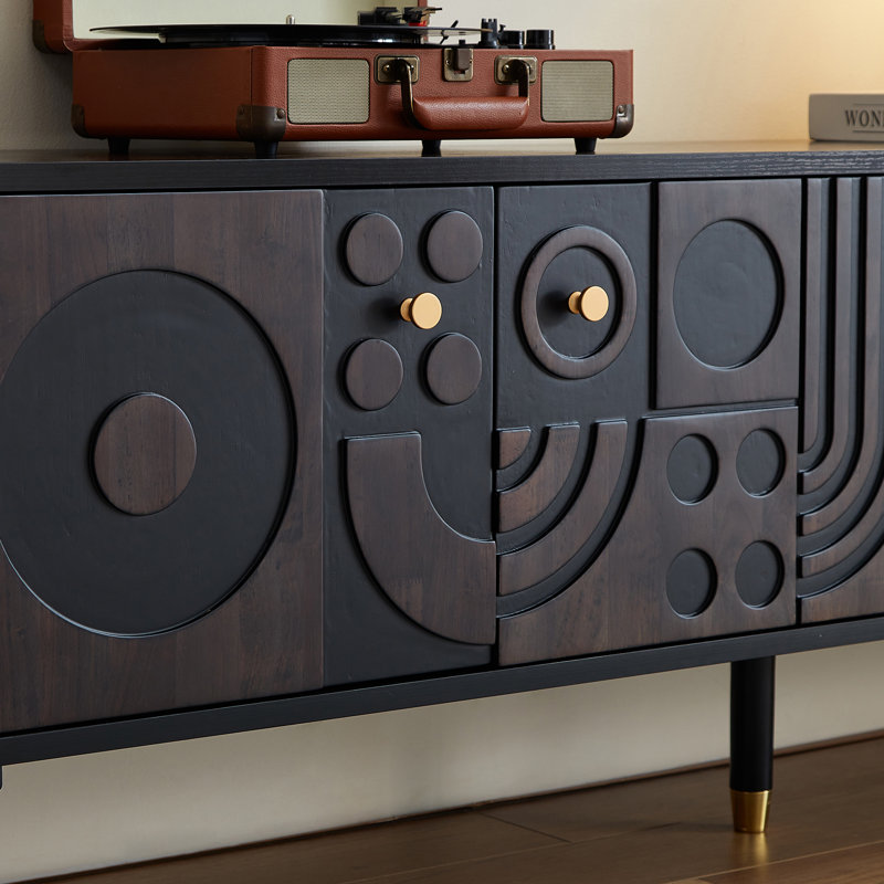  66.9 inches Medieval Modern Carved Entertainment Center TV Cabinet - Features four storage cabinets, accommodates TVs 55 inches and larger, minimalist design elevates living room style，Black (Width: 66.9 inches)