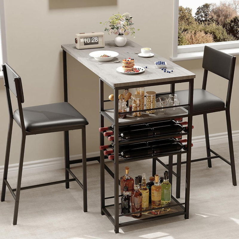 3-Piece Counter Height Dining Set with Storage Shelves and Upholstered Stools, Space-Saving Table for Small Apartments or Kitchens