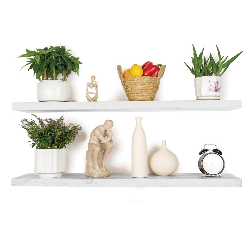 Solid Wood Floating Shelves，Rustic Wooden Wall Shelves, 1.25" H x 48" W x 6.7" D, White