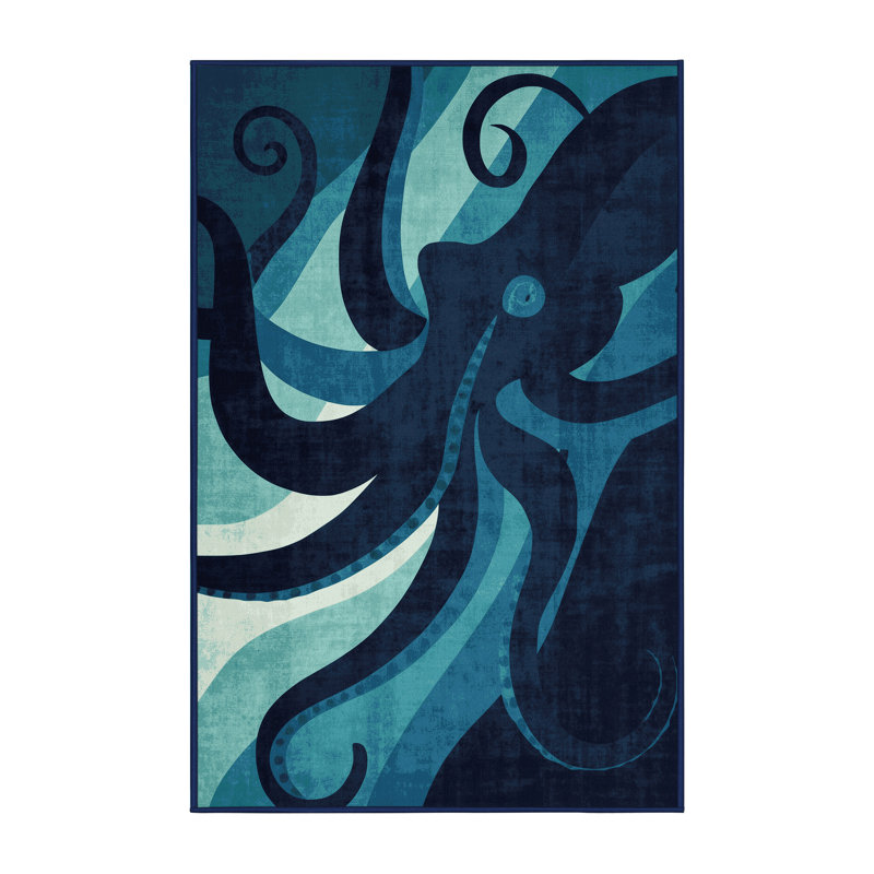 Tapis bleu pâle lavable à la machine Ozain Octopus, 7 x 9