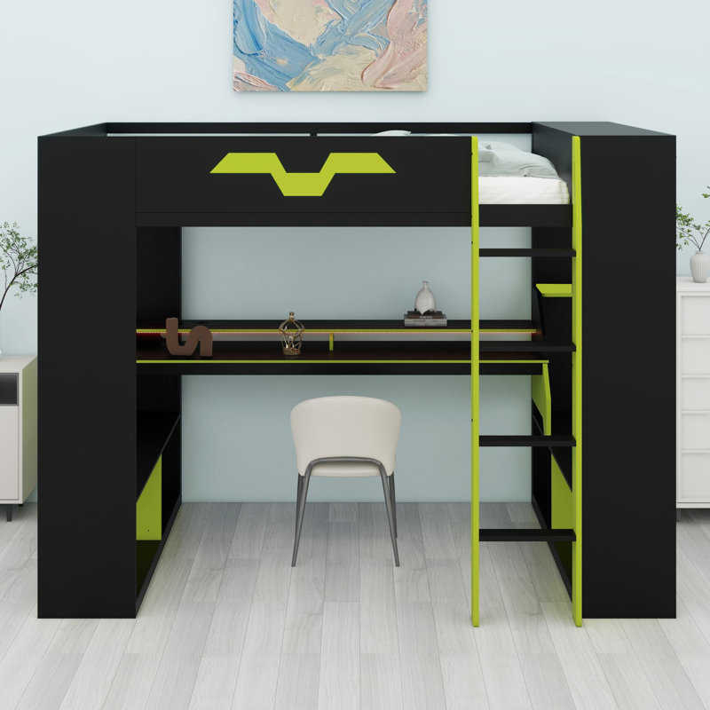 Smart Loft Bed Featuring Built-in Outlets, Multi-Device Charging Hub, and Advanced Cable Management with Ambient Light, Green