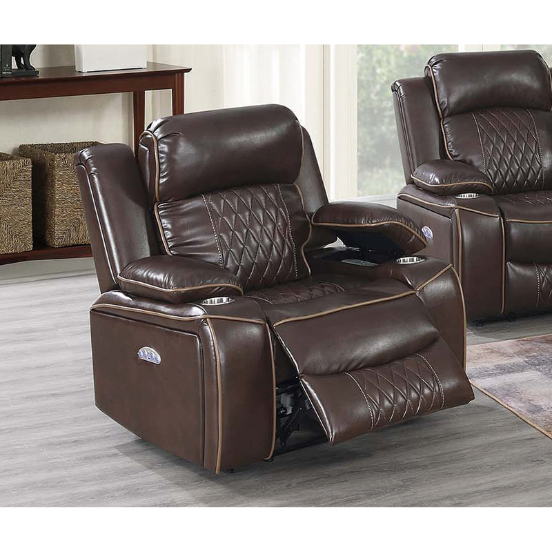 Ensemble de salon 2 pièces brun avec fauteuil inclinable électrique, réglable et compartiment de rangement dissimulé, style contemporain : chargeur intégré, porte-gobelets, finition