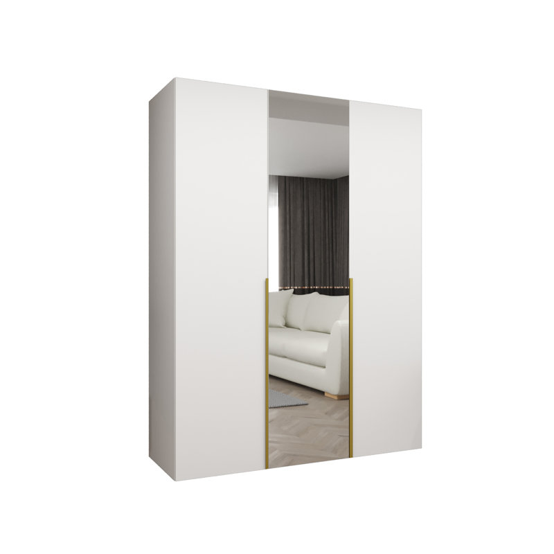 Wardrobe Cante 2, Mirror, Standard Doors, 202 H x 150 W x 52 D, white matt + handles: gold