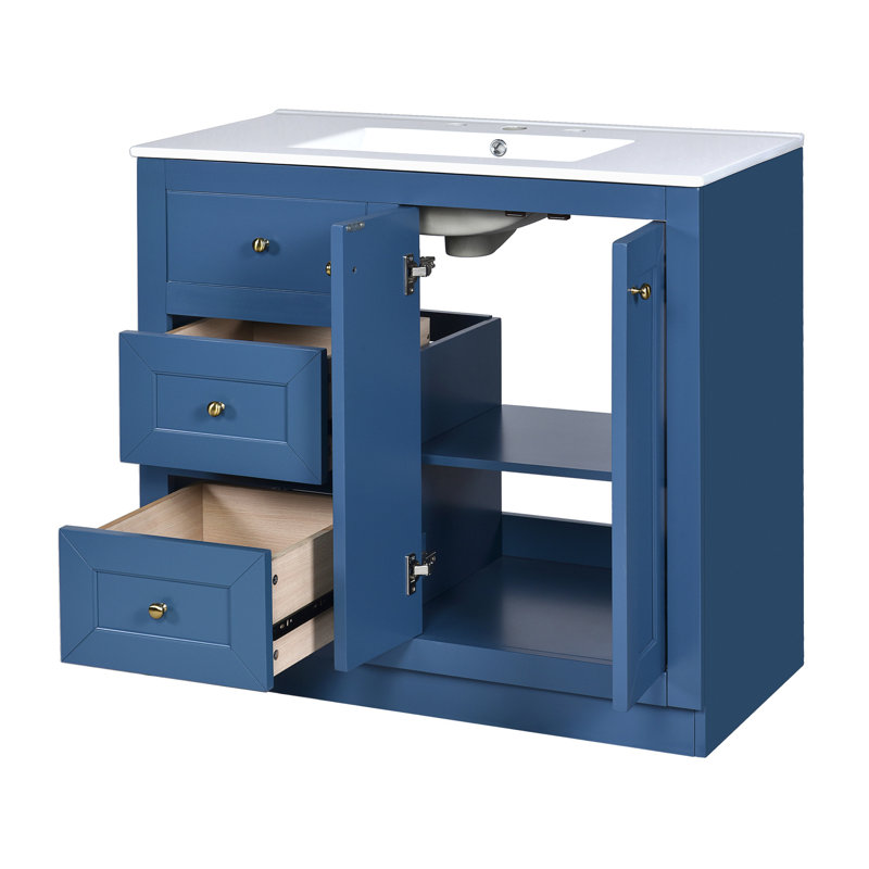 Meuble-lavabo bleu avec lavabo en céramique - 36 po, 2 tiroirs et tablette, utilisateur en bois massif - bleu 36 po