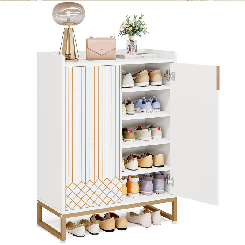 Range-chaussures avec portes, range-chaussures blanc à 5 niveaux pour salon d'entrée