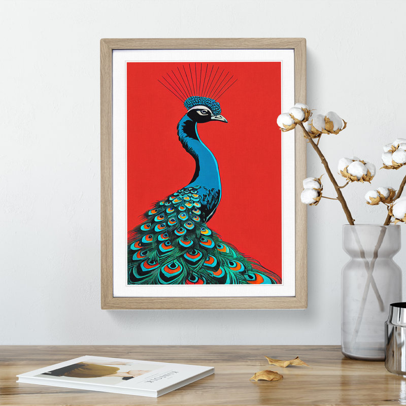 XV1022-3452X Peacock Retro Art - Print, Oak Framed Paper, White, 48cm H x 36cm W