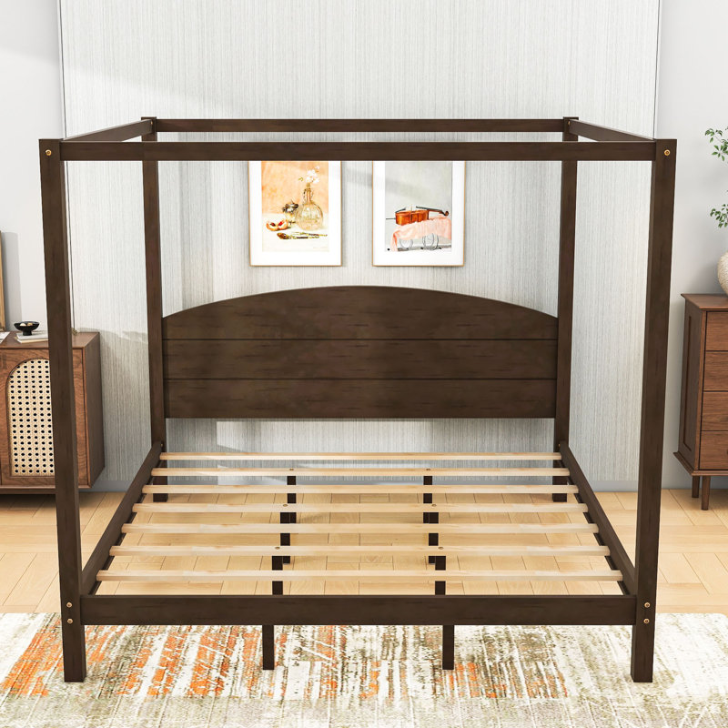 King Size Canopy Platform Bed with Sturdy Wooden Slats and Under Bed Storage, Brown Wash