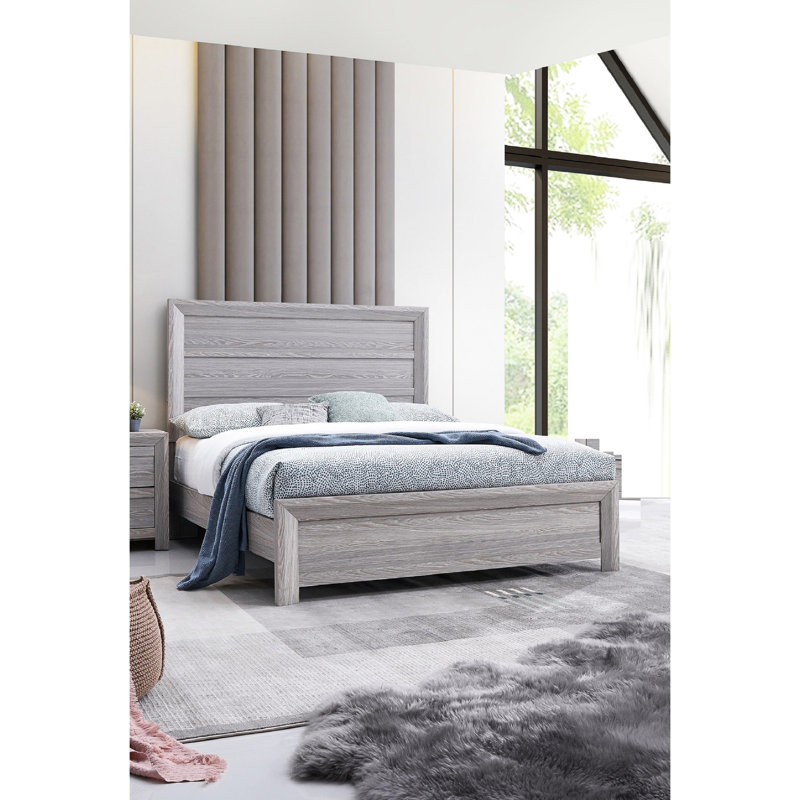 Mobilier de chambre à coucher contemporain: lit à panneaux simple en bois gris rustique avec cadre et style durables