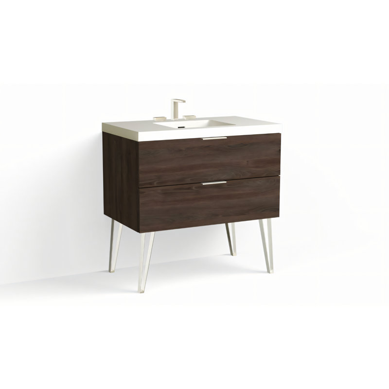 Avila 36" W Freestanding Single Bathroom Vanity with Dawson Leg, Matte White/8" Widespread, Charred, Polished Nickel