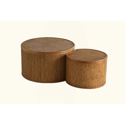 Vintage Inlaid Rattan Vintage Coffee Table With Storage Function, For Dining Room, Kitchen And Living Room,Set of 2