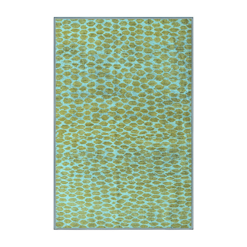 Tapis bleu abstrait en laine et polyester tissé à la machine, Rectangle 5 pi x 7 pi