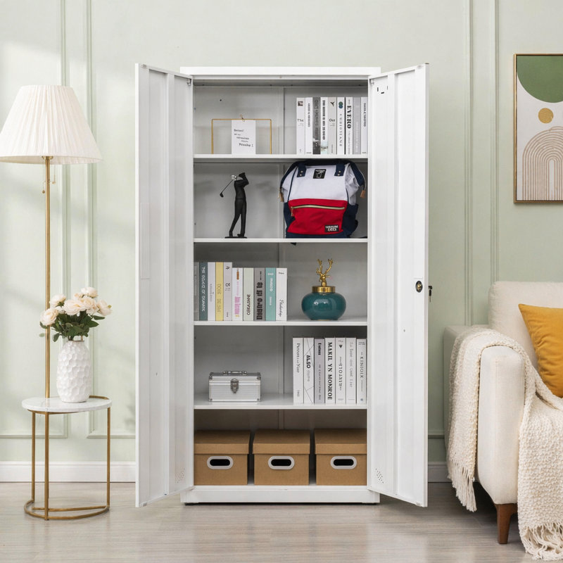 Armoire de rangement haute avec 2 portes et 4 cloisons pour séparer 5 espaces de rangement, conception maison / bureau, White
