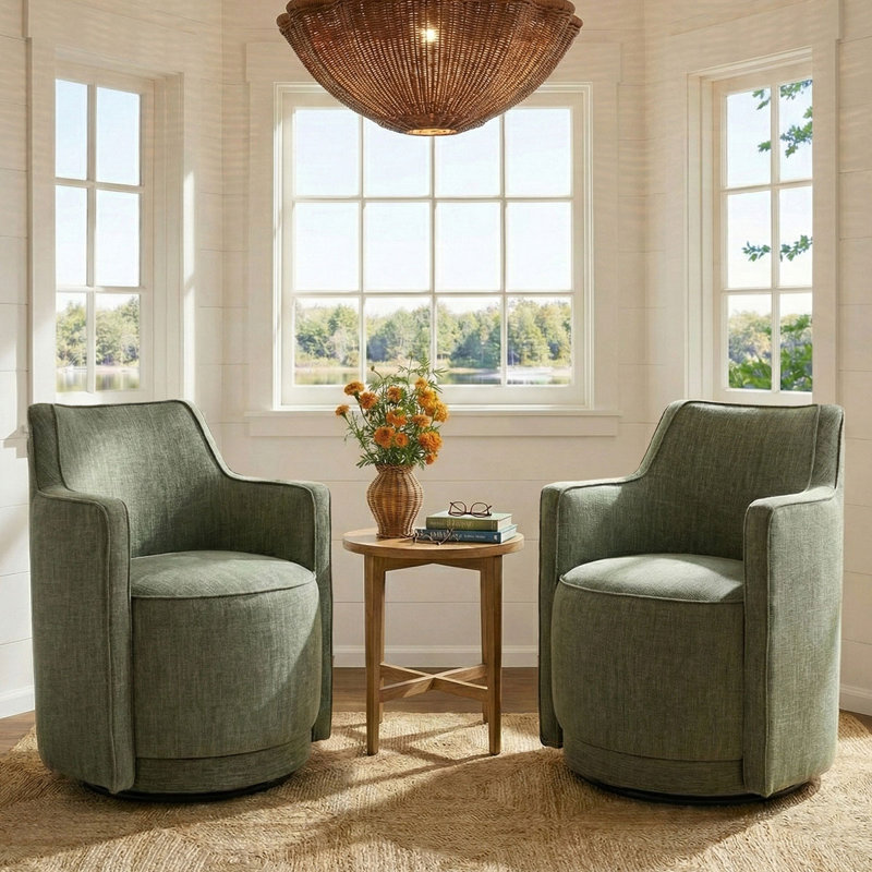 Upholstered Fabric Fully Assembled Swivel Accent Armchair, Green
