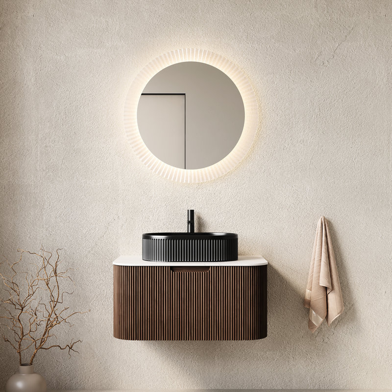 Meuble-lavabo de 30 po avec lavabo vasque en céramique noire, rangement en noyer foncé, finition rayée 3D, fermeture en douceur du tiroir, comptoir haute dureté, assemblage rapide facile