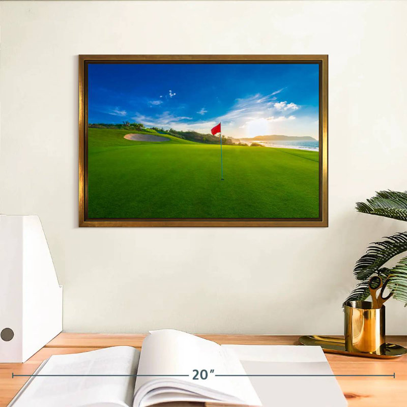 Drapeau rouge du terrain de golf, Cadre flottant doré, 13 po x 9 po