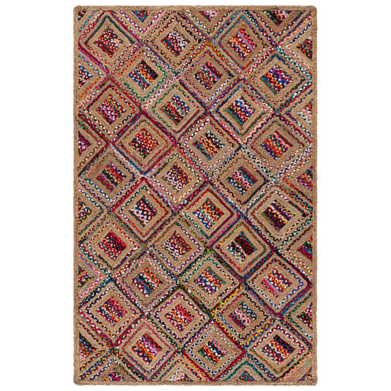 Adilynn Hand Woven Jute/Denim Geometric Rug in Red/Natural, Rectangle 5' x 8'