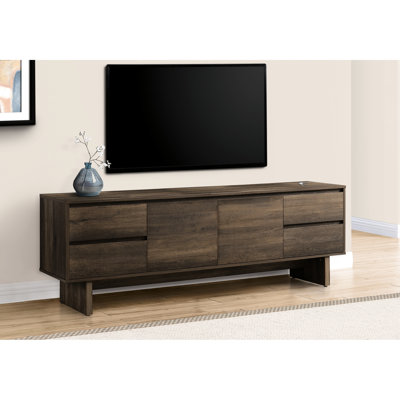 Console de télévision 72 pouces, meuble multimédia avec rangement, conception transitionnelle en stratifié brun pour meuble télé, console 70-79