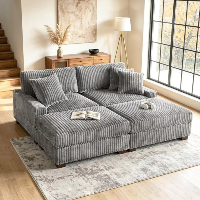 4 - Piece Upholstered Light Gray Faux Rabbit Fur Flannel Modular Sectional Sofa with Throw Pillows & Removable Ottomans