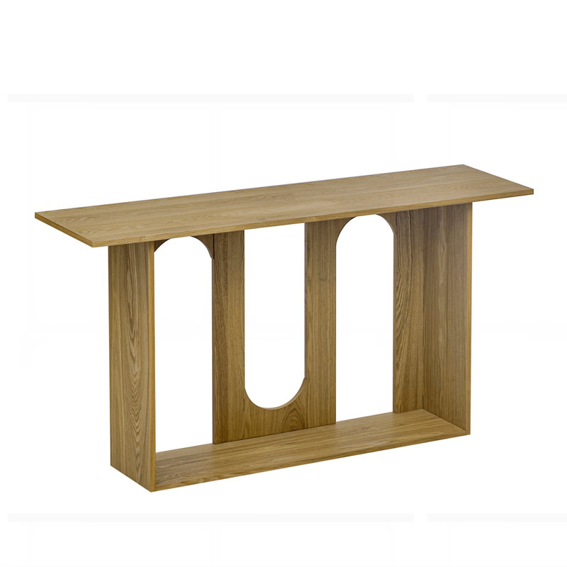 Modern and Curved Design Ash Veneer Console Table with Shelf, Natural