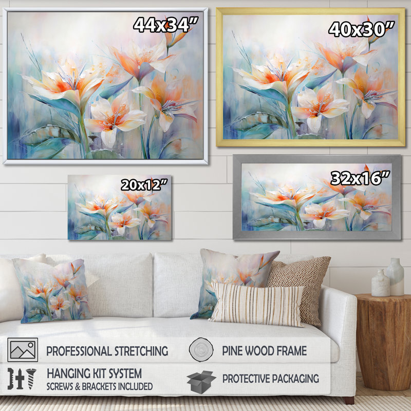 Oiseaux de paradis beige et orange sur toile, H 24 po x l 32 po x P 1 po, Cadre simple blanc