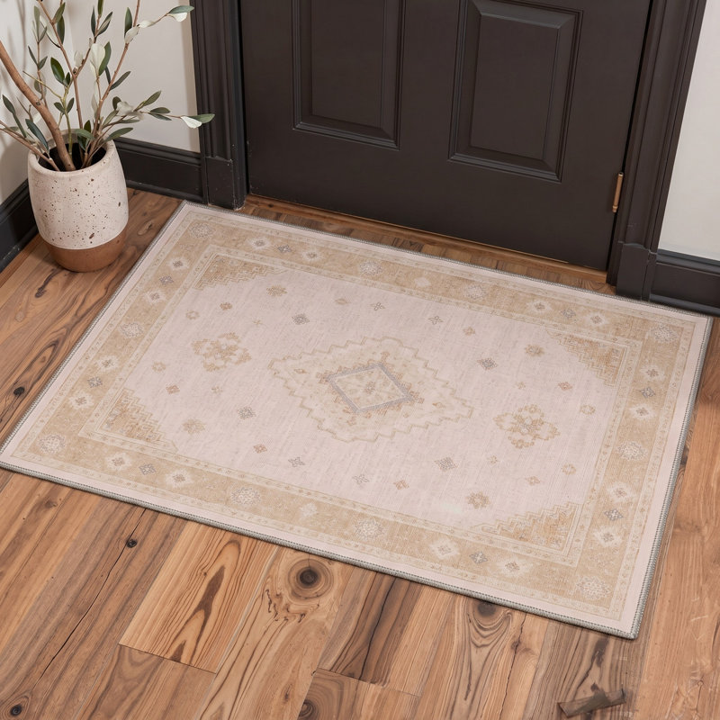 Tapis de porte géométrique moderne ivoire/orange performant à poils courts, lavable et antidérapant, Rectangle 3' x 5'