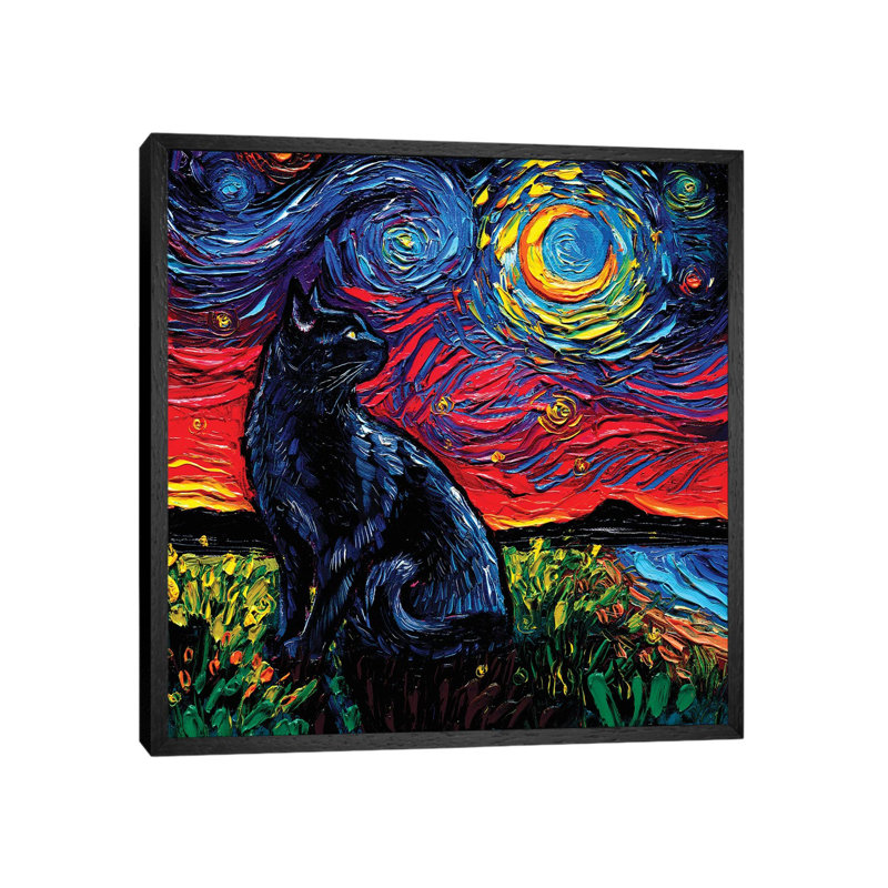 Black Cat Night II by Aja Trier - Painting on Canvas, Black Framed Canvas, 93.98 cm H x 93.98 cm W