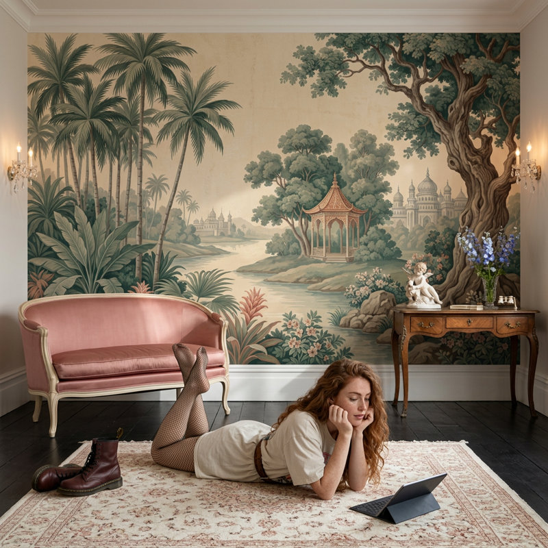 Papier peint paysage tropical paysage de palmiers amovible scène murale rivière, 100 po x 96 po, Peler et coller