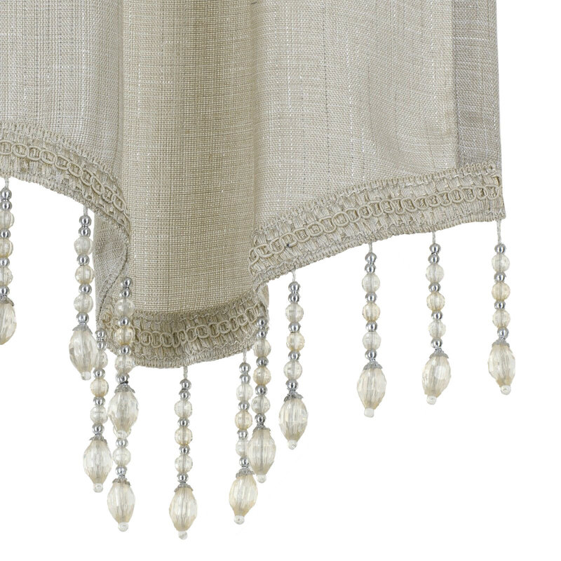 Kate Aurora 1 Piece Moroccan Sparkle Rod Pocket Semi Sheer Voile Beaded Trim Window Valance, Beige