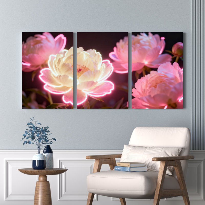 Fleur de pivoine néon, impression sur toile tendue sur toile, ensemble floral moderne (ensemble de 3), H 30 po x l 60 po
