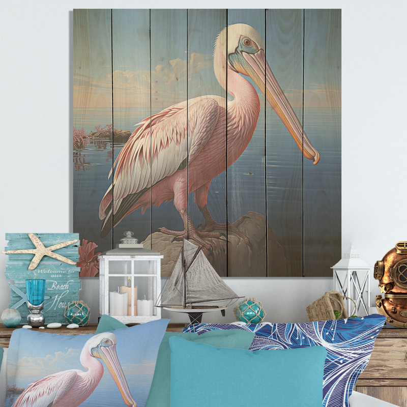 Pink Pelican Poise - Coastal Animal On Wood Print, 15" H x 15" W