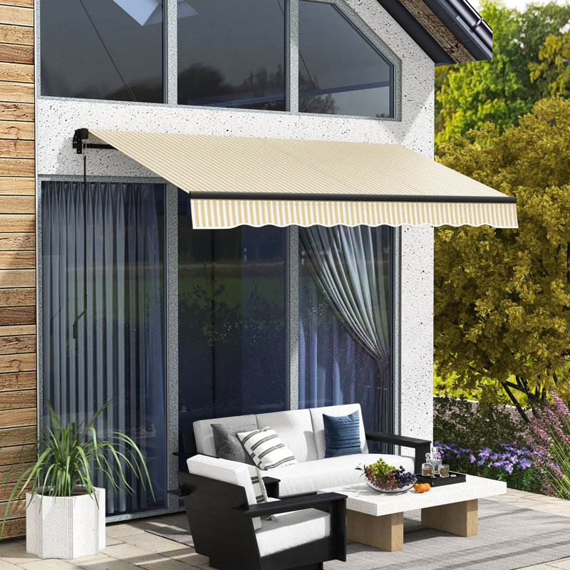 Auvent de jardin rétractable 12 pi x 10 pi, parasol de patio avec manivelle, tissu 280 g / m², structure en aluminium, auvent beige pour terrasse et balcon 10 pi, abri de soleil