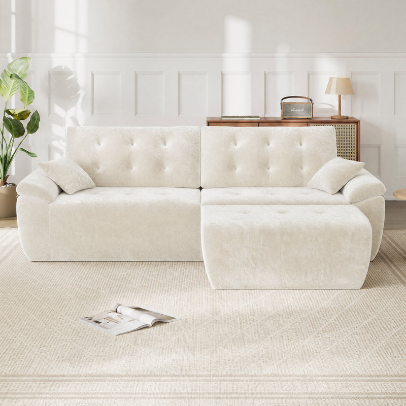 Modern Oversized 275cm 3-Sets Boneless Chenille Sofa With Ottoman And High-resilience Foam, Beige