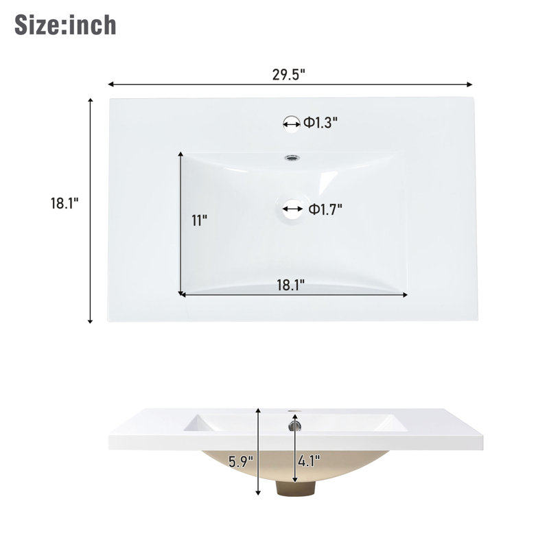 Rectangular Resin Bathroom Vanity Sink 30X18 - White, , With Practical Overflow 30 Inch White Easy To Install, Top Hygiene And