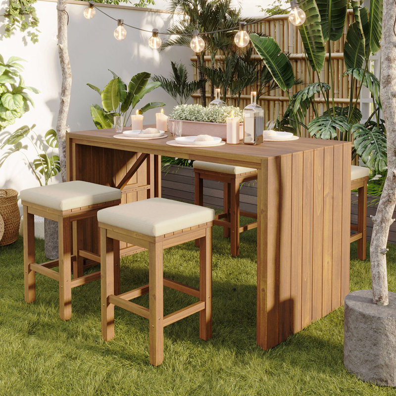 Ensemble de bar d'extérieur beige 5 pièces, table de bar en bois d'acacia et quatre tabourets avec coussins Ensemble de bar pour le balcon de la piscine