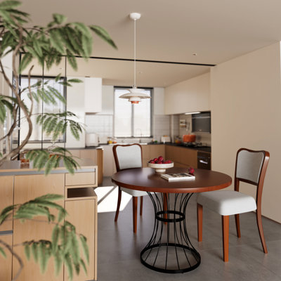 Table ronde de salle à manger de 107 cm en chêne avec plateau en placage chaleureux, 2 chaises en noyer et piètement en fer de style industriel, idéale pour les petites cuisines. Finition teintée à la main et assise confortable en lin mélangé mat.