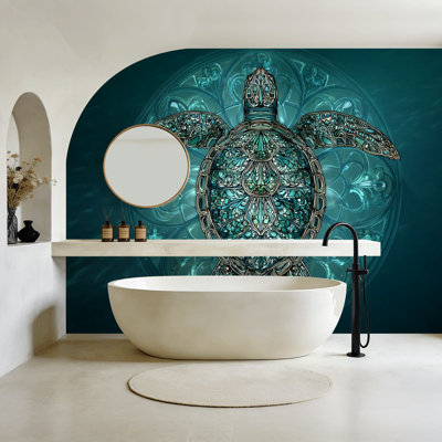 Papier peint auto-adhésif style vitrail Calm Ocean Scene Vitrail tortues murales murales H 100 po x l 144 po amovible en papier peint mural auto-adhésif pour chambre à coucher bureau à domicile