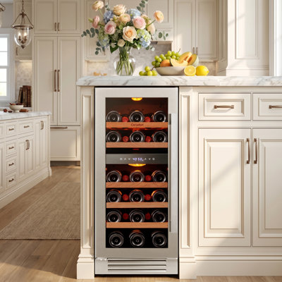 15" 28-Bottle Dual Zone Wine Cooler, Built-In & Freestanding, 3.0 Cu.Ft. Wine Refrigerator with 40°F–65°F Precise Temperature, Amber/Blue/White LED Lighting, UV-Protected Double Glass, Compressor & Fan Cooling, Removable Shelves,Thermostatic Wine Fridge