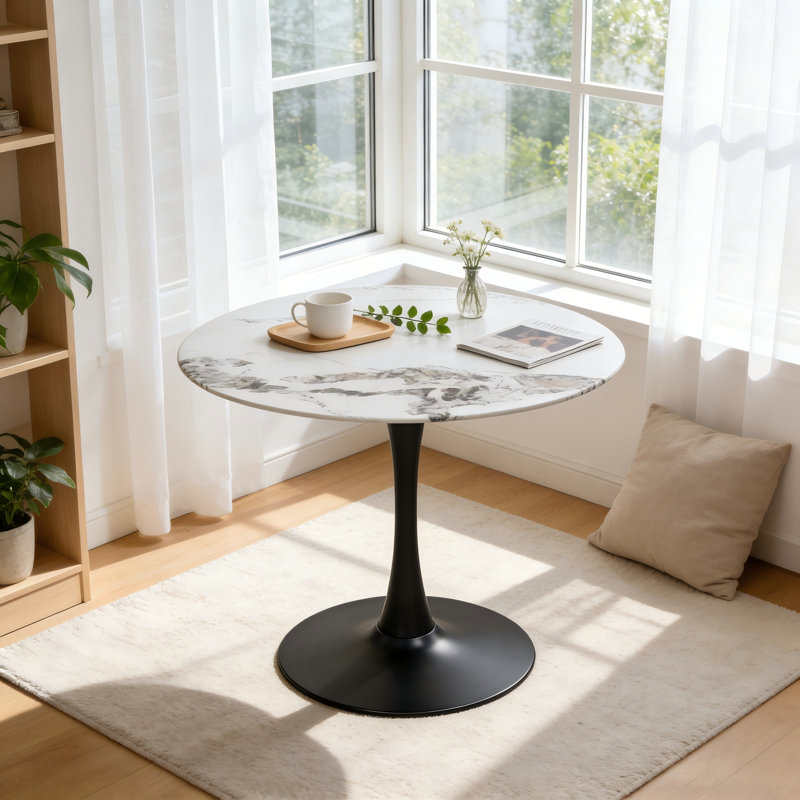 Table de salle à manger 34,65 pouces à motif de tulipes avec base en métal noir pour 4 à 6 personnes