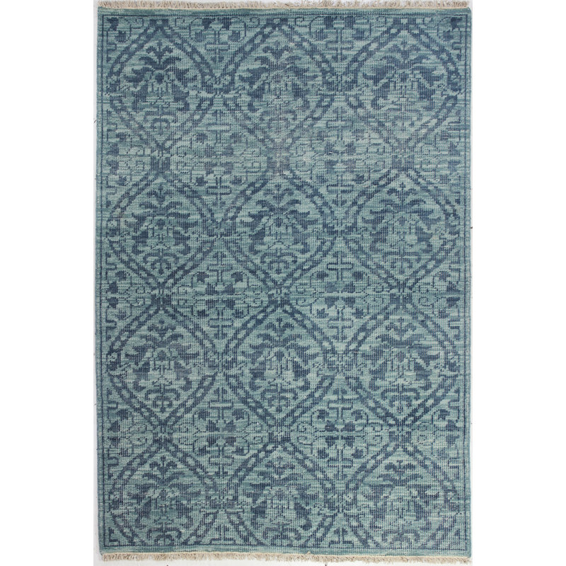Large Blue Wool Geometric Hand-Knotted Area Rug