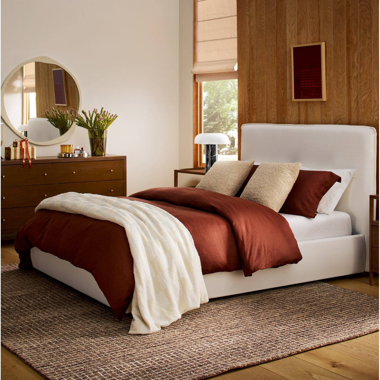 Callahan Linen Upholstered Bed, Queen, White Linen