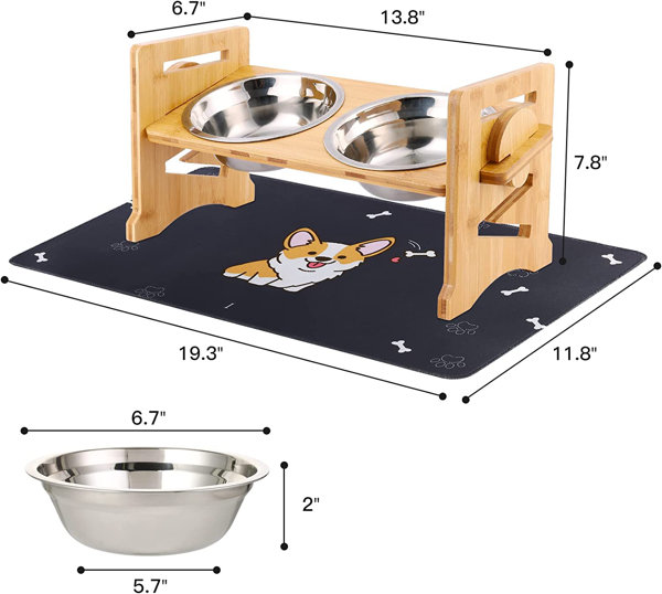 Pet Bowls for Cats and Small Dogs, Bamboo Elevated Food and Water Bowls Stand Feeder with 2 Stainless Steel Bowls Onewell