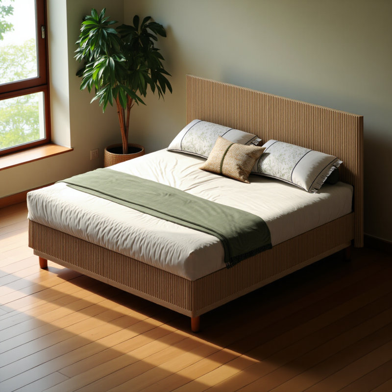 Kind Size Bed Frame With Led Lights, Modern Wooden Corrugated Curved Lines, Convex Groove Board Design, Oak.